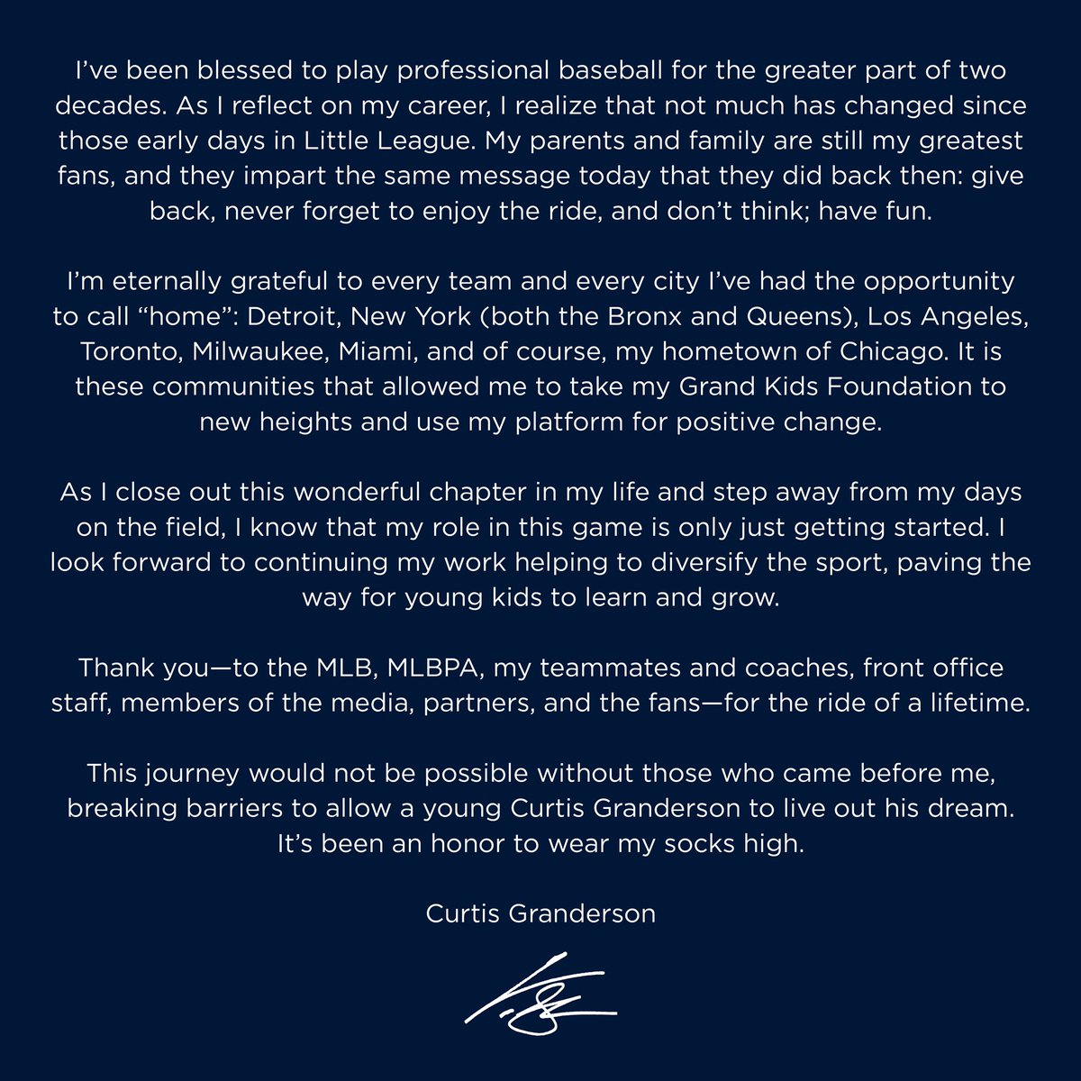 Curtis Granderson It S Been An Incredible Journey Thanks For The Ride Of A Lifetime Mlb Mlb Players
