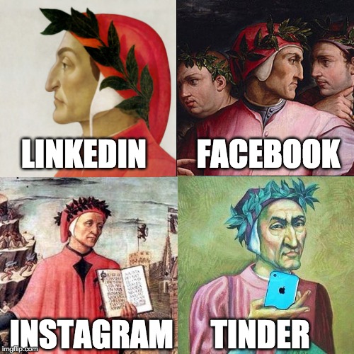 Dante portraits as imagined on LinkedIn, Facebook, Instagram, and Tinder