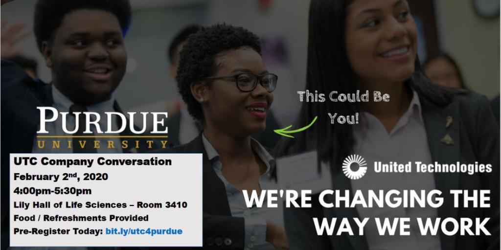 UTC Careers (@utcjobs) on Twitter photo Join us for a UTC company conversation at <a href="/LifeAtPurdue/">Purdue University</a> on February 2nd to learn more about how #UnitedTech is changing the way we work. Pre-register at bit.ly/utc4purdue Join us for a UTC company conversation at <a href="/LifeAtPurdue/">Purdue University</a> on February 2nd to learn more about how #UnitedTech is changing the way we work. Pre-register at bit.ly/utc4purdue