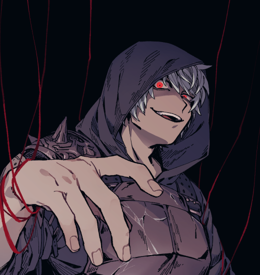 1boy male focus red eyes hood string hood up solo  illustration images