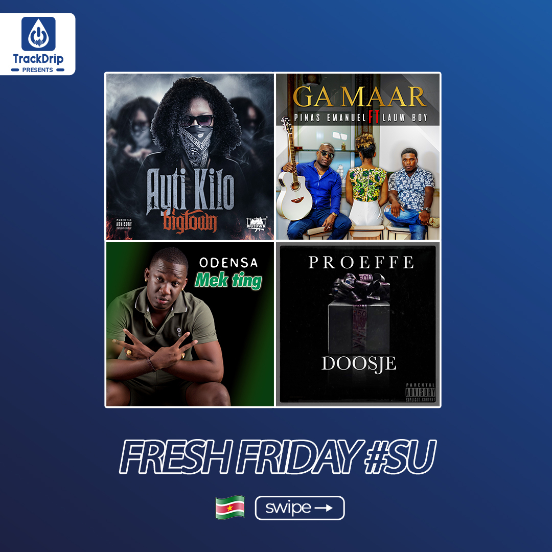 TrackDrip's tweet photo. 🇸🇷Fresh Friday⁠ #Su 
The newest songs from music nation Suriname 🎶💙⁠

-Big Town - Ayti Kilo
-Pinas Emanuel ft. Lauw Boy - Ga Maar
-Odensa - Mek Ting
-Proeffe - Doosje

Caribbean’s Favorite Music App - Don’t Think, Just Play https://t.co/t1k294tXAX