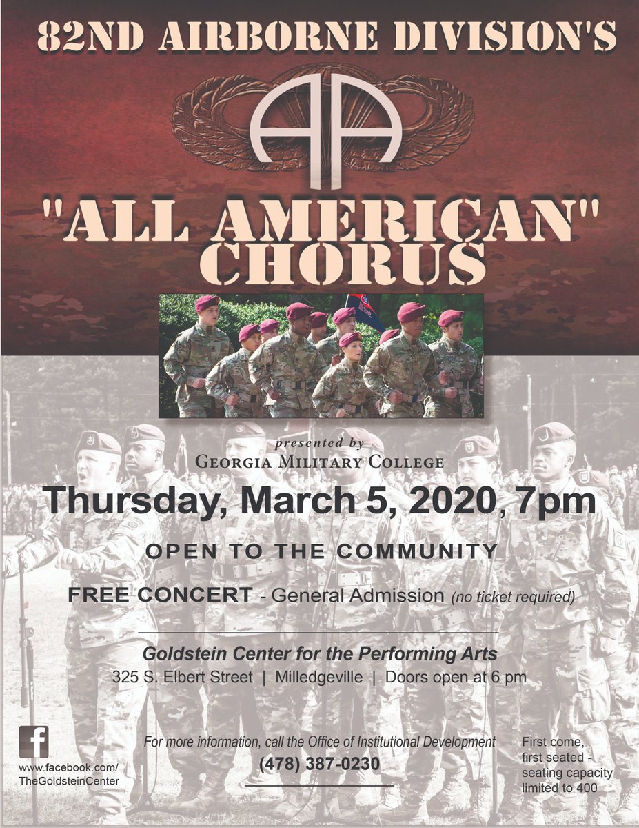 The 82nd Airborne Division's All-American Chorus is set to perform a concert at The Goldstein Center on Thursday March 5th at 7pm! This concert is open to the community and has free admission. We hope to see you there!