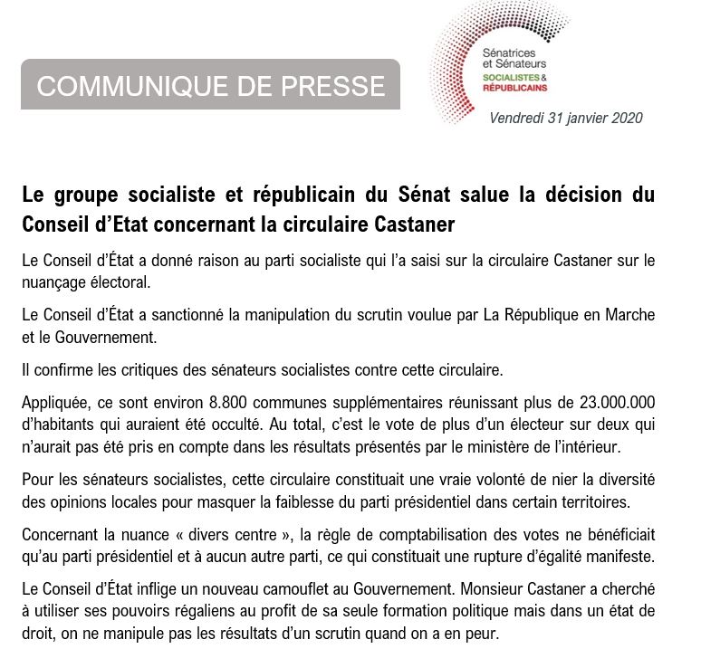 senateursPS's tweet photo. Le Conseil d'Etat a décidé de suspendre la circulaire #Castener . Le ministre a cherché à utiliser ses pouvoirs régaliens au profit de sa seule formation politique mais dans un état de droit, on ne manipule pas les résultats d’un scrutin quand on en a peur. #circulaireCastaner https://t.co/0TtYI66oJy