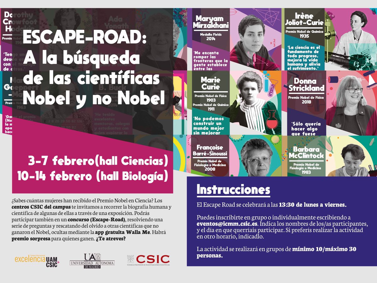 CSICdivulga's tweet photo. #11F 'A la búsqueda de las científicas Nobel y no Nobel'. Con motivo del @11defebreroES, los centros del @CSIC ubicados en el campus de Cantoblanco invitan a participar de este Escape-Road, una exposición sobre mujeres apasionantes 

➡️ https://t.co/7ubpebheLj https://t.co/bet0TRzk1g