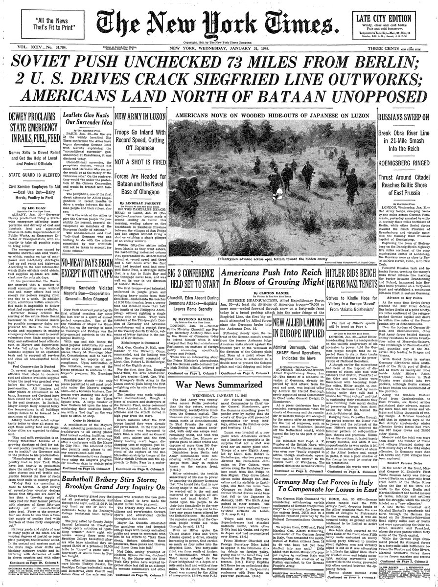 Jan. 31, 1945: Soviet Push Unchecked 73 Miles From Berlin; 2 U.S. Drives Crack Siegfried Line Outworks; Americans Land North of Bataan Unopposed  https://nyti.ms/37MnkJc 