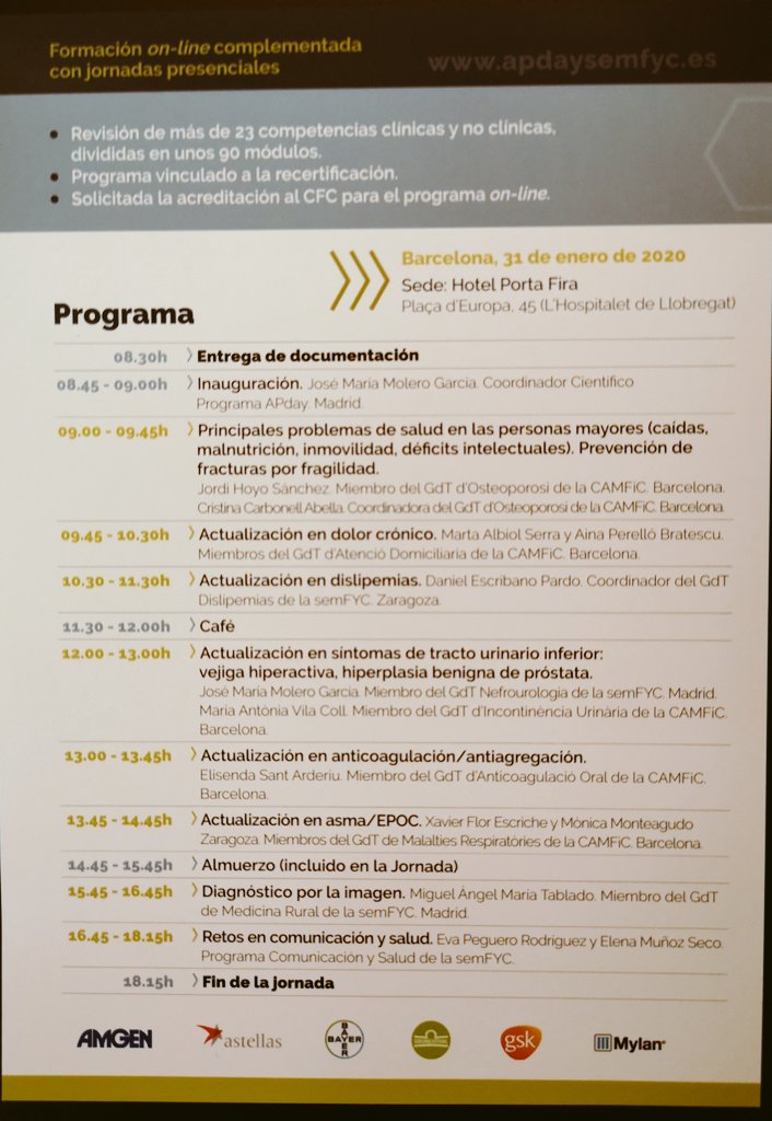 MiquelFarres's tweet image. #APDaysemFYC ¿¿La concesión de @Semfyc a la #industria farmacéutica por el 39°Congreso libre de humos industriales?? ¿Realmente es necesario? ¿Hace falta? ¿Prestigiar y fortalecer la MFyC o desprestigiar-la y seguir igual?
Triste... @STranchei
Ver program y su orden, seguir hilo: