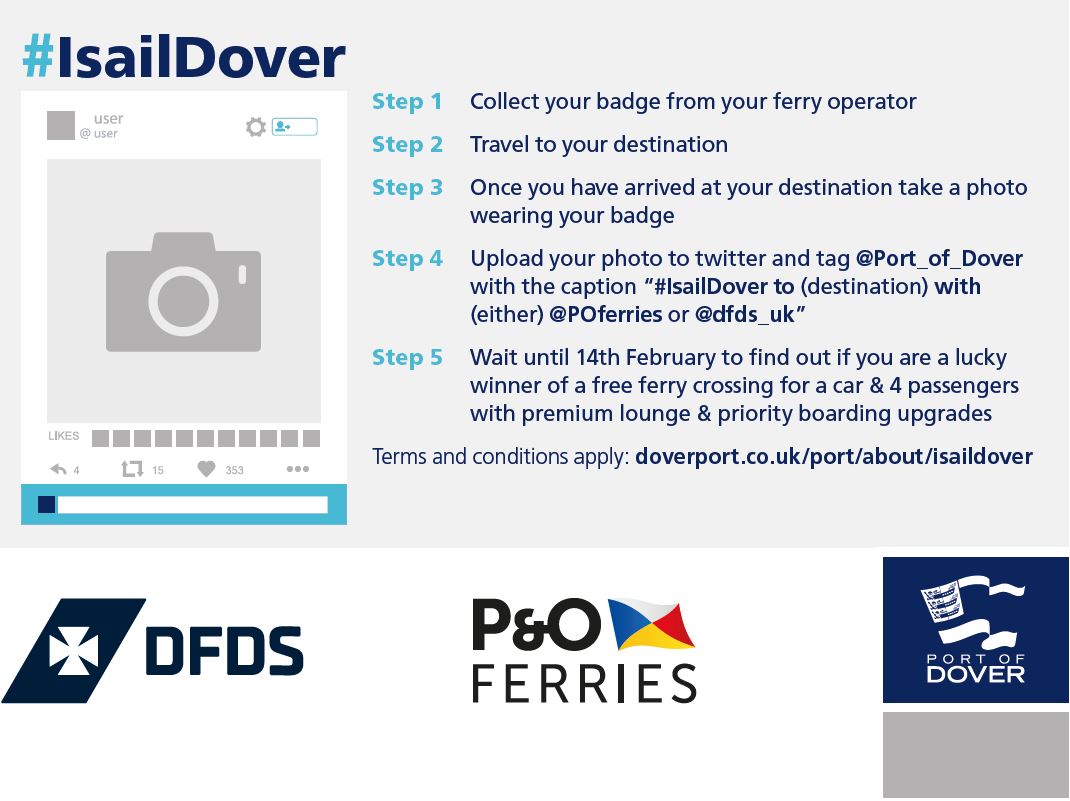Port_of_Dover's tweet photo. Here is everything you need to know about our #IsailDover prize draw! Pick up your badge from @dfds_uk or @POferries after 11pm tonight to enter! https://t.co/xY6erl55ZS