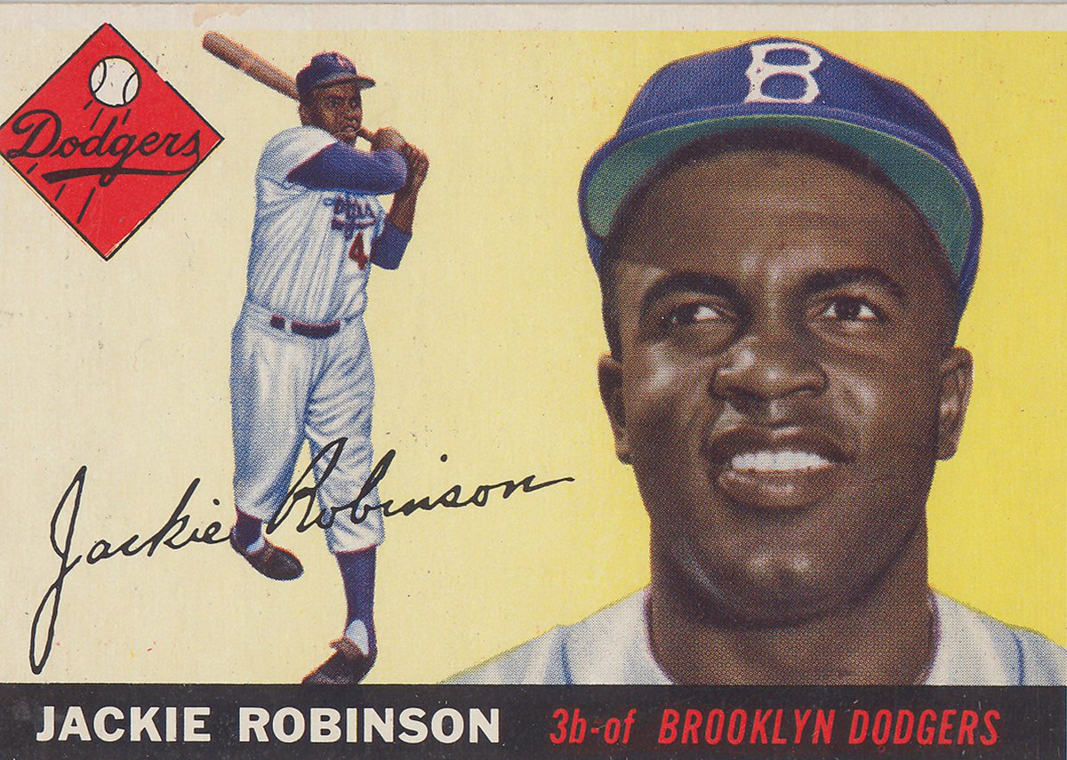 A baseball card for Jackie Robinson, with his picture and an image of him swinging a bat. 
