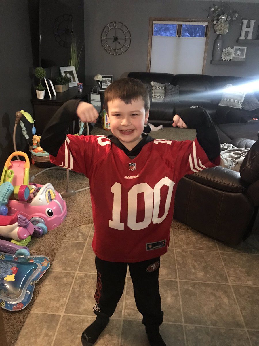 brett_hansen's tweet photo. When it’s the 100th day of school celebration and the @49ers play in the Super Bowl on Sunday, you have to make a little jersey modification!! #49ers @JohnLynch49ers @JimmyG_10 https://t.co/eaF27CJ2k6