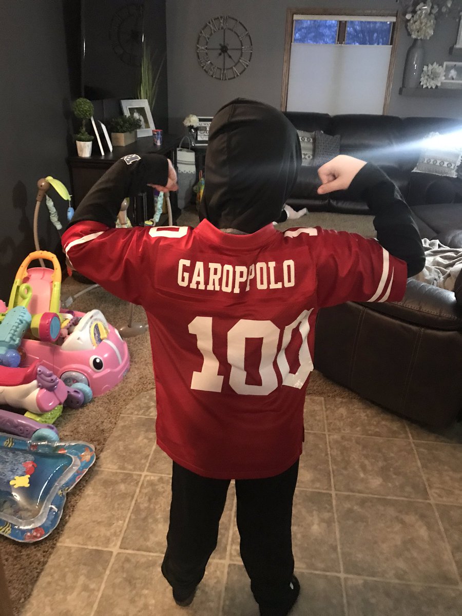 brett_hansen's tweet photo. When it’s the 100th day of school celebration and the @49ers play in the Super Bowl on Sunday, you have to make a little jersey modification!! #49ers @JohnLynch49ers @JimmyG_10 https://t.co/eaF27CJ2k6