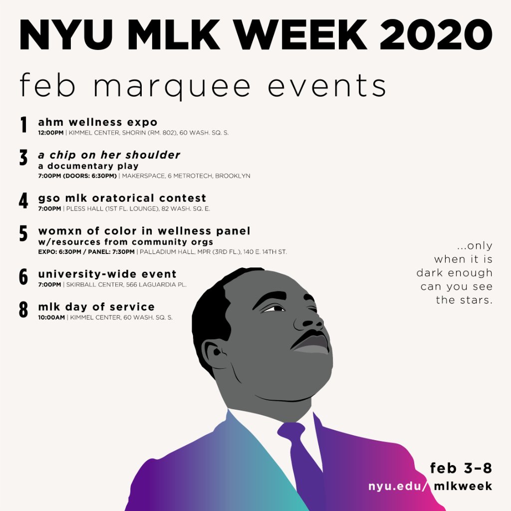 Poster photo of the NYU MLK Week 2020 events from February 3-8. Visit nyu.edu/mlkweek for more information.