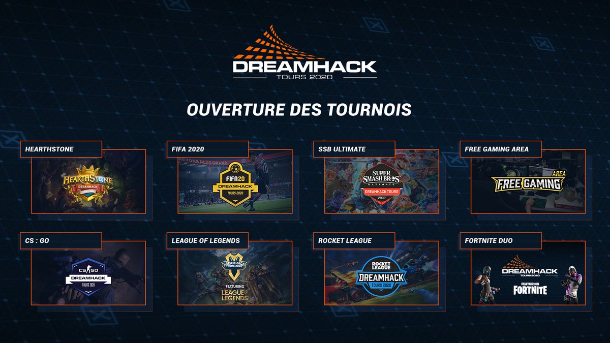 ⚡️ Annonce des tournois ⚡️  

C'est parti pour les inscriptions à la LAN de la #DHFR20 💪

Retrouvez toutes les informations utiles sur chacun des tournois ici : esports.dreamhack.com/tours/tournois/