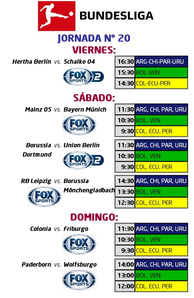 #BundesligaxFOX #Bundesliga 
Información de TV
Sólo partidos destacados
Jornada #20