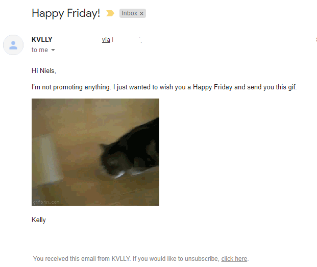Email by KVLLY wishing Niels a Happy Friday with a cat gif.