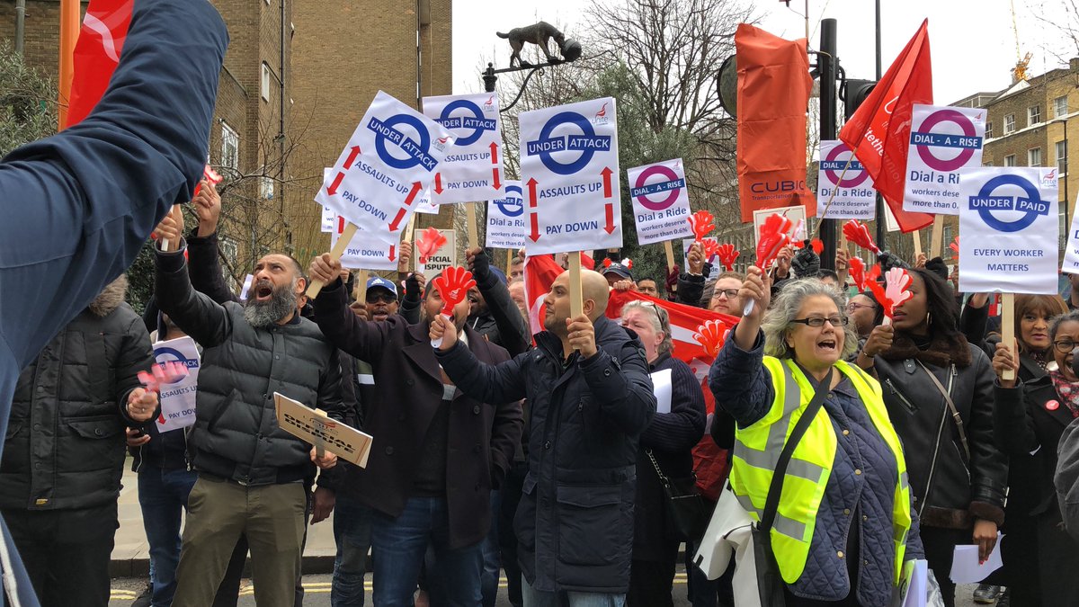 unitetheunion's tweet photo. Solidarity with @TfL workers on strike today. Unite regional officer Simon McCartney: “The anger of TfL workers is turning into action, fighting back against paltry pay. Unless TfL bosses rethink their decision to impose a real terms pay cut the dispute could escalate further." https://t.co/522zu4EbjT