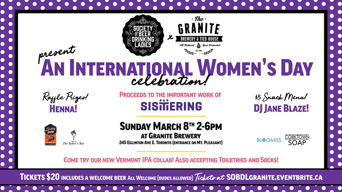 ladiesdrinkbeer's tweet photo. πWhat better way to celebrate #InternationalWomensDay than #drinkingforacause! Weβve teamed up with @GraniteBrewTO in support of @SisteringTO π
Tickets are $20 with $10 going to Sistering, and include your first beer! πΊ Try our new Vermont IPA Collab
https://t.co/eLorwZcsdT https://t.co/aNKI5XKqgf