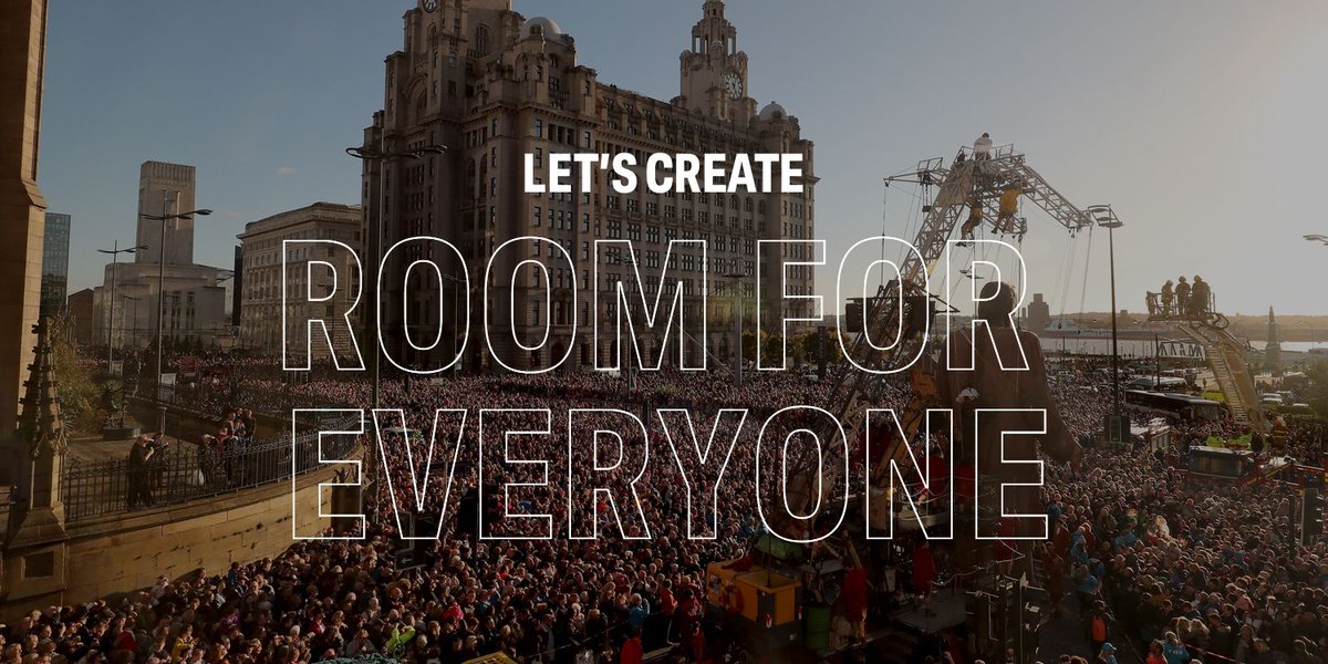 A very large crowd is gathered in Liverpool for the Giant Spectacular. There is text across the image. It reads Let's Create Room For Everyone.