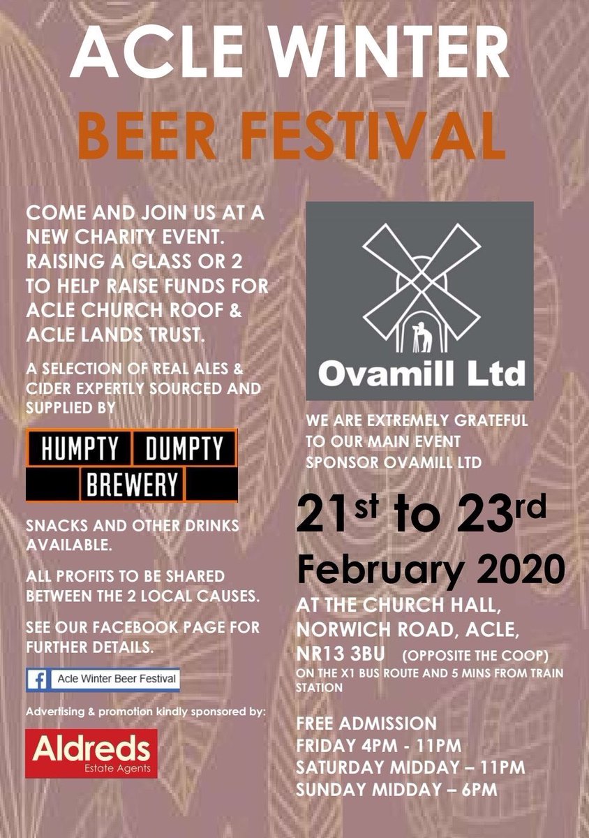 ovamill's tweet image. Calling all beer drinkers. Pop the 21st to 23rd Feb in your diaries! 🍻 Acle Winter Beer Festival will be raising funds for 2 local causes: Acle Church roof and Acle lands trust. Hope to see lots of you there.