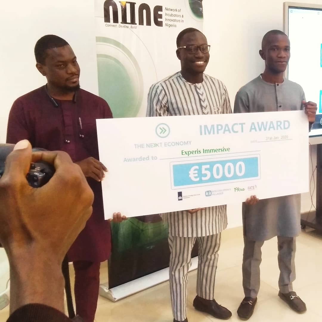 Infonineorg's tweet photo. Congratulations to @Experisimmerse winner of the Abuja TNE IMPACT AWARDS 2020 and the grand prize of €5000.
.
.
It's been a great 4 years, meeting with these entrepreneurs, training and mentoring them with the help of our partners, look forward to achieving more together. https://t.co/fgyhjjBLUw