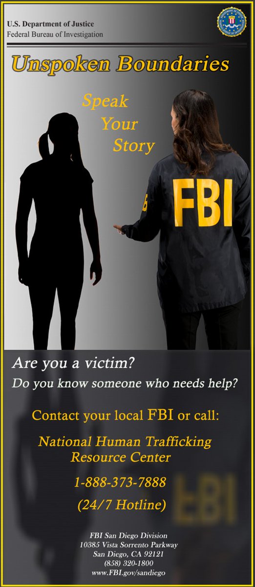 FBISanDiego's tweet photo. As National Slavery &amp; Human Trafficking Prevention Month comes to an end, we ask you to stay vigilant and call the National Human Trafficking Resource Center at 1-888-373-7888, if you are the victim of trafficking or know someone who is.  #HumanTrafficking #EndTrafficking #FBI https://t.co/W4a5tP8GwW