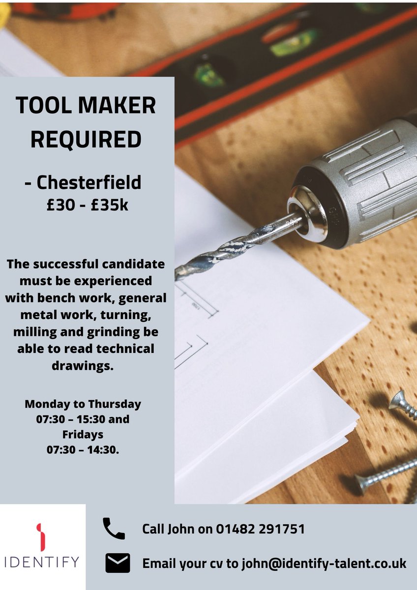 identify_talent's tweet photo. TOOL MAKER VACANCY

Fantastic opportunity with great salary, hours of work and benefits including:

31 days holiday (including 8 Bank Holidays) 
Fantastic pension scheme
Medical Cash Plan  
Sick Pay 
Uniform provided 

Email your cv to operations@identify-talent.co.uk https://t.co/sGvaxle41a
