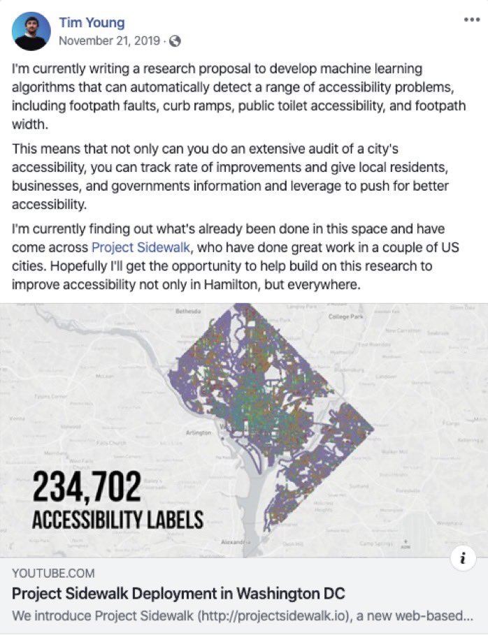 Tim Young talking about working on a similar project to automatically detect sidewalk issues and build on Project Sidewalk work