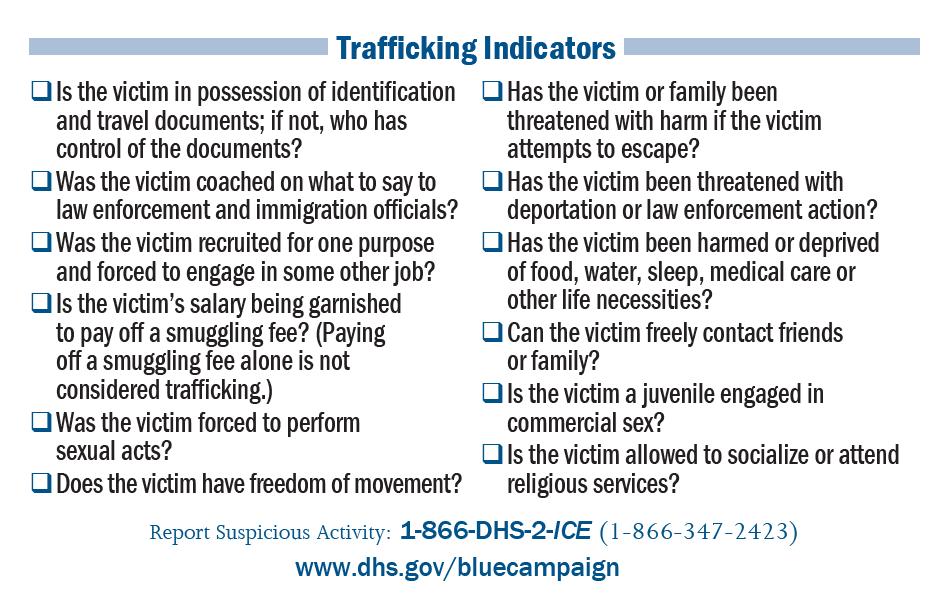 #ICYMI January was Human Trafficking Awareness Month. Learn the signs and download an indicator card at ow.ly/xAPX50xXAzZ and help #EndTrafficking all year.