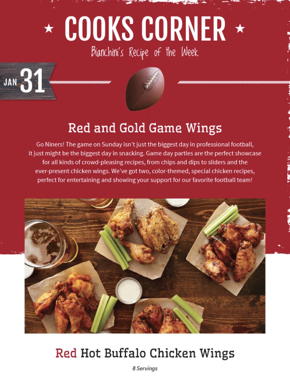Bianchinis's tweet photo. What are you serving your game day guests this Sunday? Looking for something spicy? Maybe something tangy? How about both? Try our latest Cooks Corner - Red Hot Buffalo Chicken Wings and Golden Honey-Mustard Chicken Wings. > https://t.co/jNPtTrPzYs https://t.co/KJ3GWmzKJR