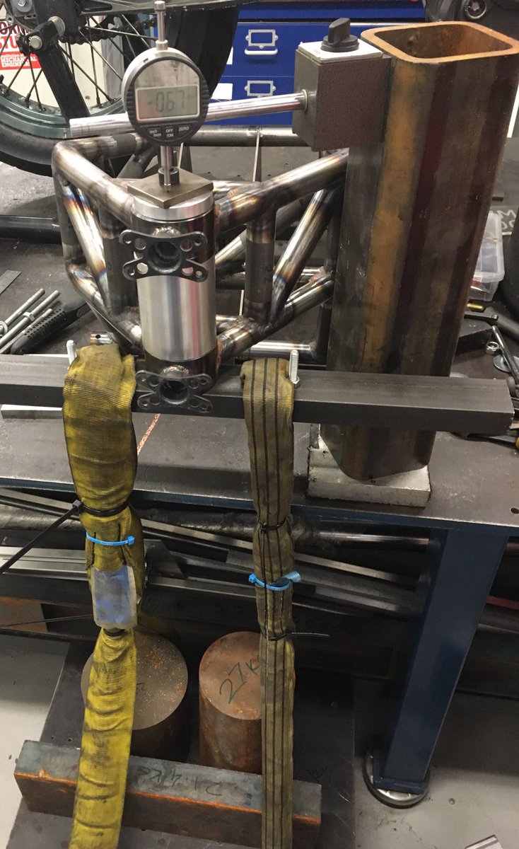 This week in the <a href="/ManMetUni/">Manchester Metropolitan Uni</a> workshop, we have been doing some controlled dangling of big lumps of steel off our frame. It flexed (0.67mm of vertical displacement using 1056N to be fairly precise) but didn’t yield. Watch out <a href="/MotoStudent/">MotoStudent</a>!