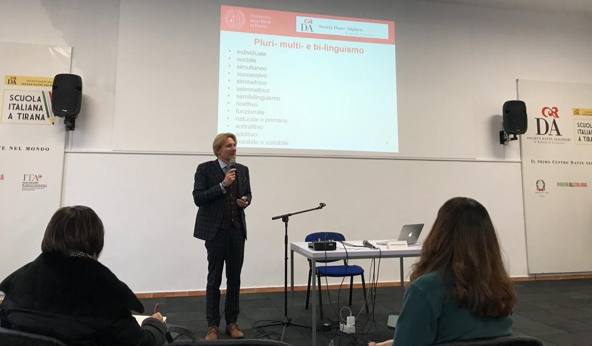la_dante's tweet photo. #31gen e #1feb: "Italiano LS in Italia e Albania" presso @ScuolaTirana primo #CentroDante 🌍. Saluti istituzionali Amb. #FabrizioBucci @ItalyinALB e @LemmaAndrea @la_dante. Con #DCorrias, #BDAnnunzio, @PVecchio, #ASula #UniTirana, #MSantipolo @UniPadova e #GPierini @almaedizioni. https://t.co/2FOezMZ15c