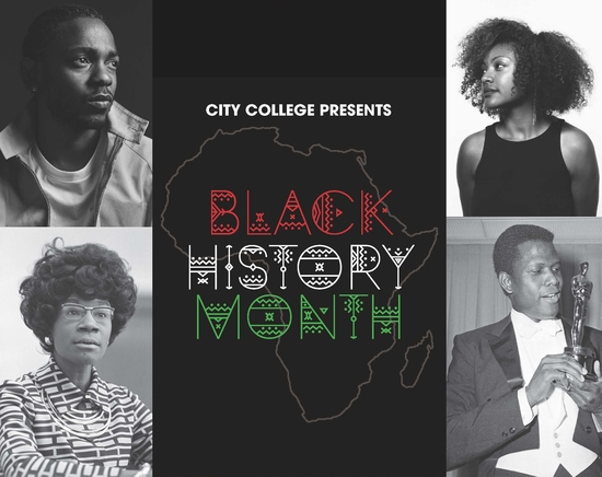City College Presents Black History Month with photo collage including Shirley Chisholm and Sidney Poitier