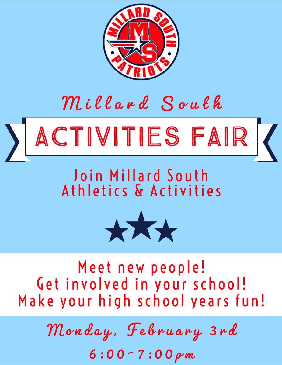 MSHSactivities's tweet photo. 8th Graders - We will see you Monday! #GoPatriots @millardcentral @MPSAndersenMS https://t.co/NZMk6tWJm9