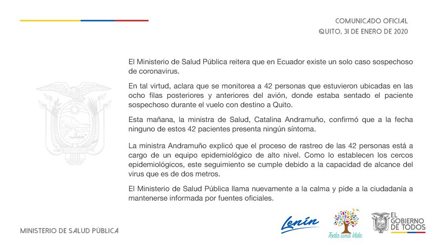 Salud_Ec's tweet photo. COMUNICADO| @Salud_Ec confirma que hay un solo caso sospechoso de #coronavirus.
Manténgase informado solo por cuentas oficiales. #PrevenciónEsSalud https://t.co/6XqtBUgMwx