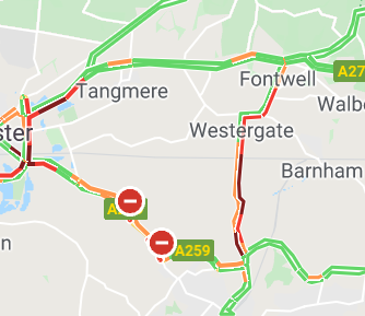 SylvMelB's tweet photo. TRAVEL: #Merston: #A259 Chichester Road closed both ways due to an accident between Groves Farm Cottages and Elbridge Aveune at #NorthBersted: Causing severe delays as motorists divert via the #A29 #Fontwell #Westergate @SussexTW @SussexIncidents https://t.co/Wghhe2BhbX