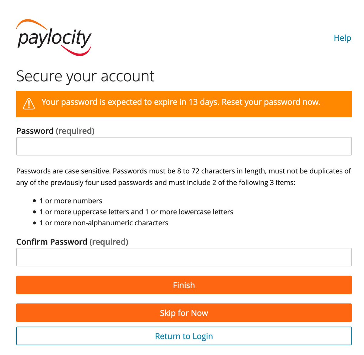 Screenshot of Paylocity forcing me to rotate my password with a long list of requirements for special characters.