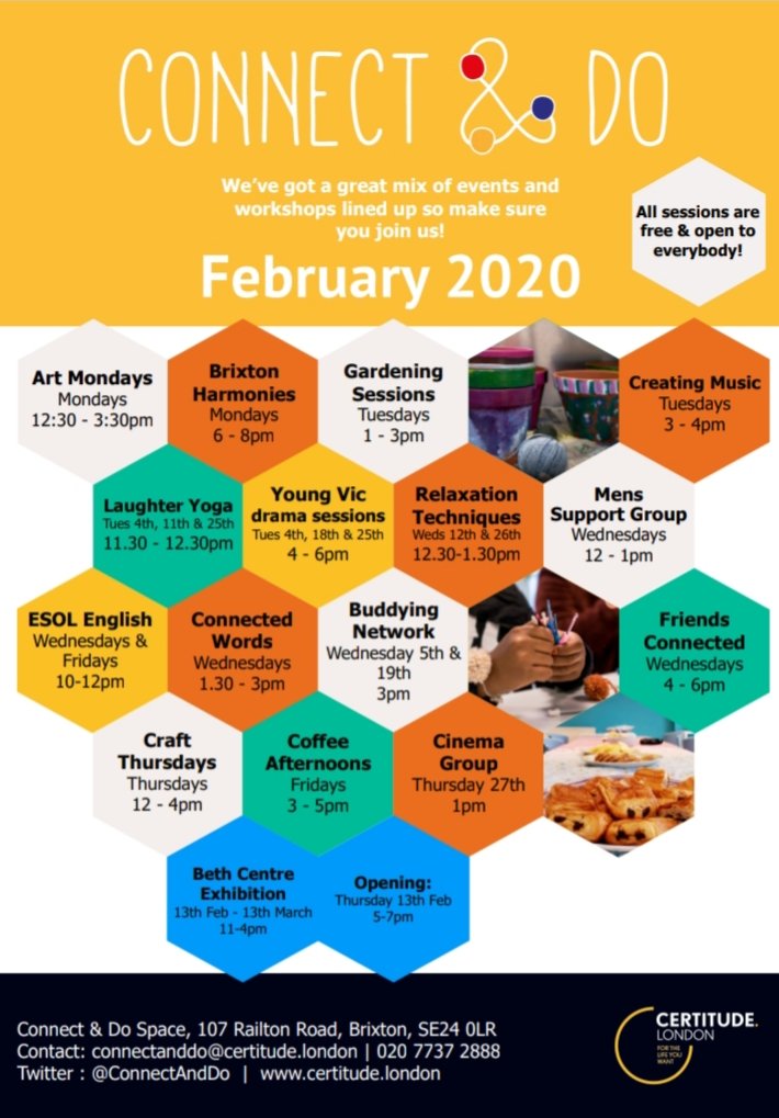 ConnectAndDo's tweet photo. Lots of exciting activities on this month @ConnectAndDo - all #FREE  &amp; open to everybody so why not come &amp; try something new? #art #craft #gardening #yoga #drama #community #wellbeing #lambeth #london @MosaicClubhouse @Certitude https://t.co/WzNpFn7Kcg