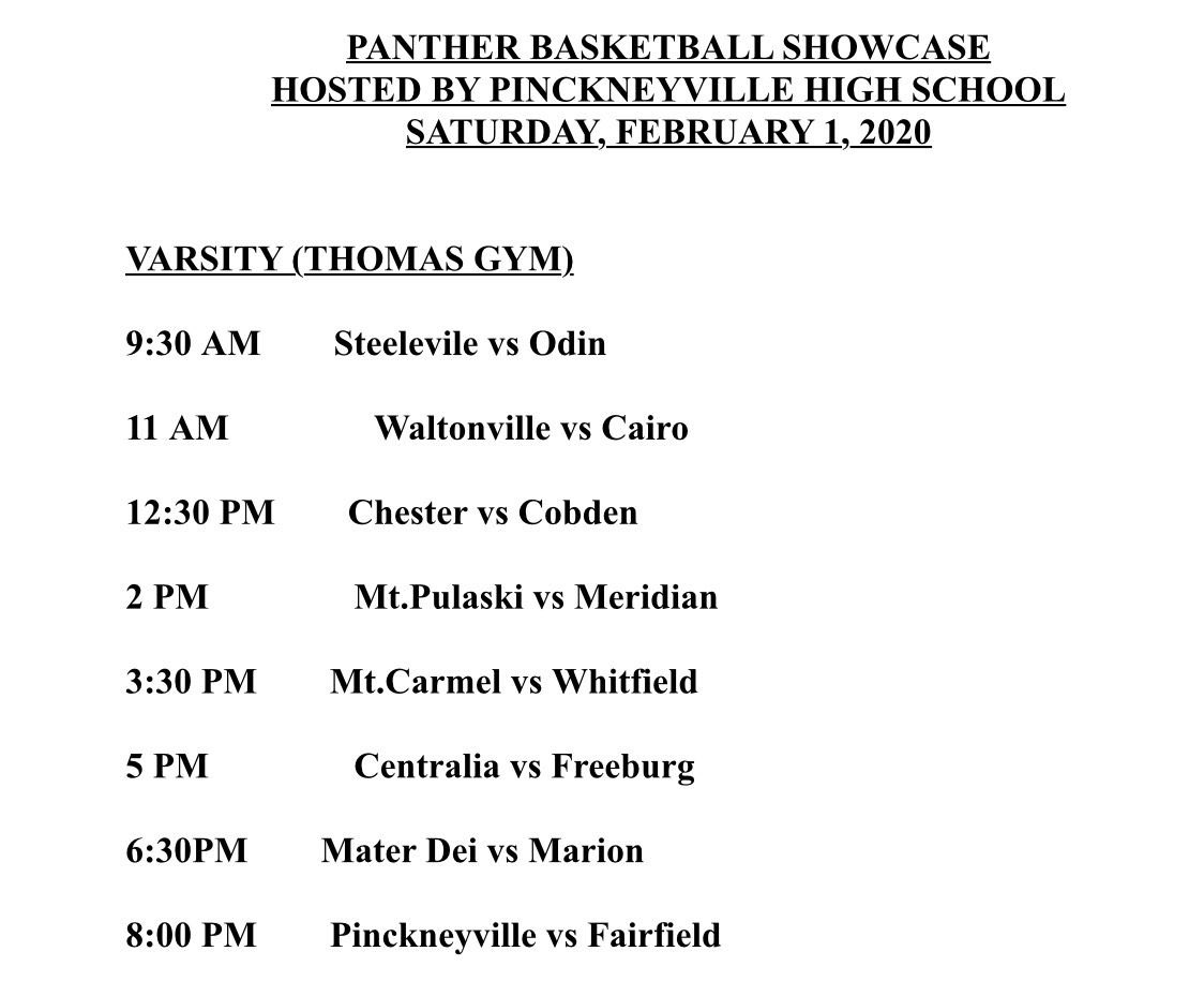 Panther Basketball (@pchs_hoops) on Twitter photo Tomorrow is the day! 8 great games in Thomas Gym tomorrow! (1/2)
9:30: @Odin_Eagles vs. <a href="/SteelevilleFans/">Steeleville Fans (ร,G)</a>
11: <a href="/WHSAthletics3/">WHS Athletics</a> vs. Cairo
12:30: <a href="/CHSJacketSports/">Jeremy Blechle</a> vs. <a href="/appleknocker_bb/">AppleknockerHoops</a>
2: <a href="/MPAthDir/">Athletics - MPCUD 23</a> vs. <a href="/101Meridian/">Meridian Unit Schools #101</a> Tomorrow is the day! 8 great games in Thomas Gym tomorrow! (1/2)
9:30: @Odin_Eagles vs. <a href="/SteelevilleFans/">Steeleville Fans (ร,G)</a>
11: <a href="/WHSAthletics3/">WHS Athletics</a> vs. Cairo
12:30: <a href="/CHSJacketSports/">Jeremy Blechle</a> vs. <a href="/appleknocker_bb/">AppleknockerHoops</a>
2: <a href="/MPAthDir/">Athletics - MPCUD 23</a> vs. <a href="/101Meridian/">Meridian Unit Schools #101</a>