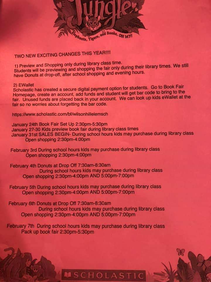 WilsonHillPTO's tweet photo. Book fair starts today! Here is the flyer that came home with information. Hope to see you there! #itsworthit https://t.co/rIn1ed8ksG