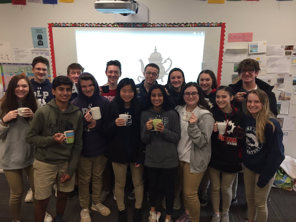 CoachElmquist's tweet photo. APWH Stimulant Seminar: we read about the histories of coffee, tea, and hot chocolate while enjoying the hot beverages! Britain and China fought the Opium Wars over stimulants! #APWH #Chasing5s #tea #coffee @HoffPhD @LoriReuter1 https://t.co/oT0QpGhCPe