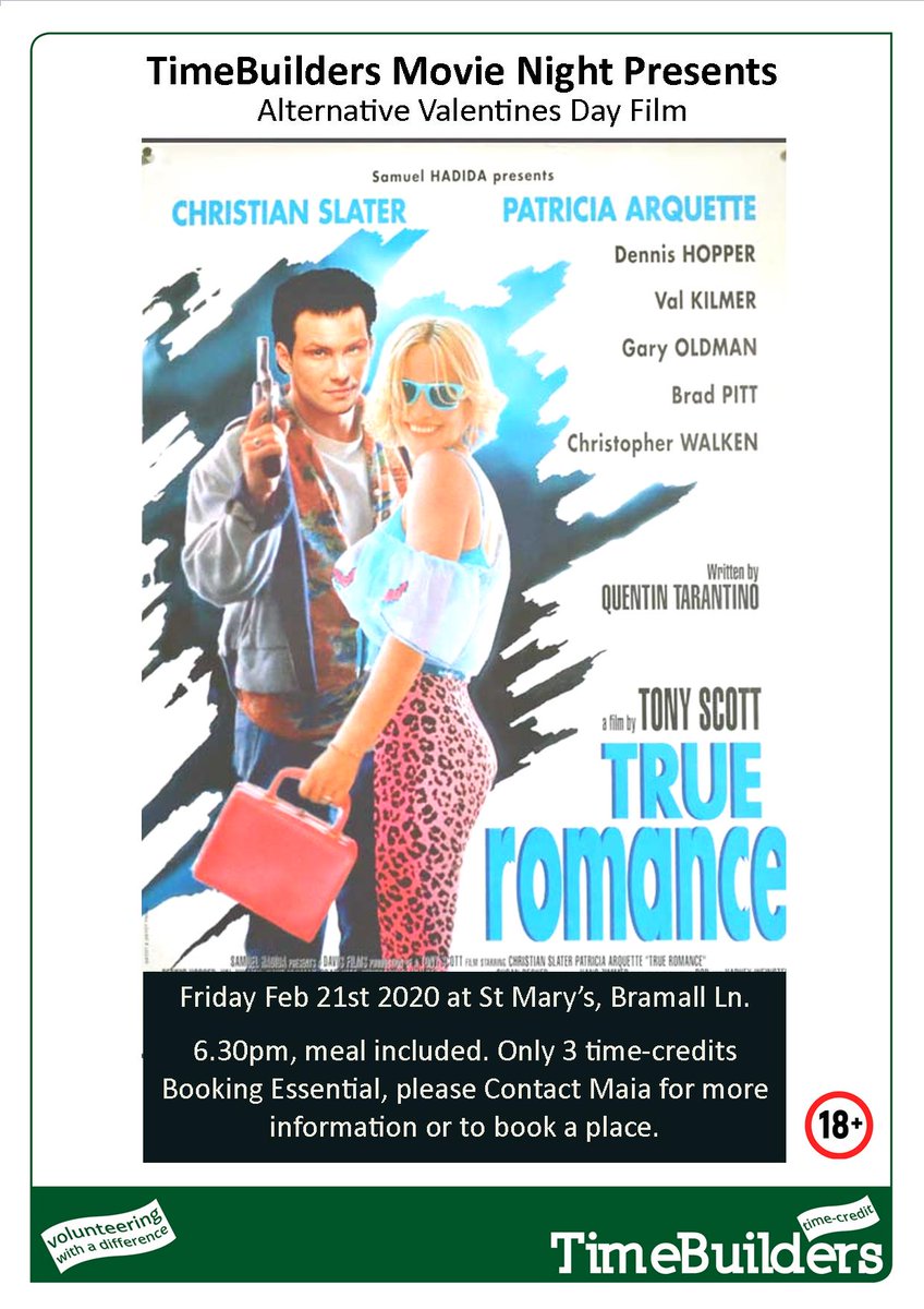 90s movie with food for only 3 TimeCredits! Whats not to like!

#timecredits #sheffieldissuper #tarantino #bradpitt #christianslater #movienight