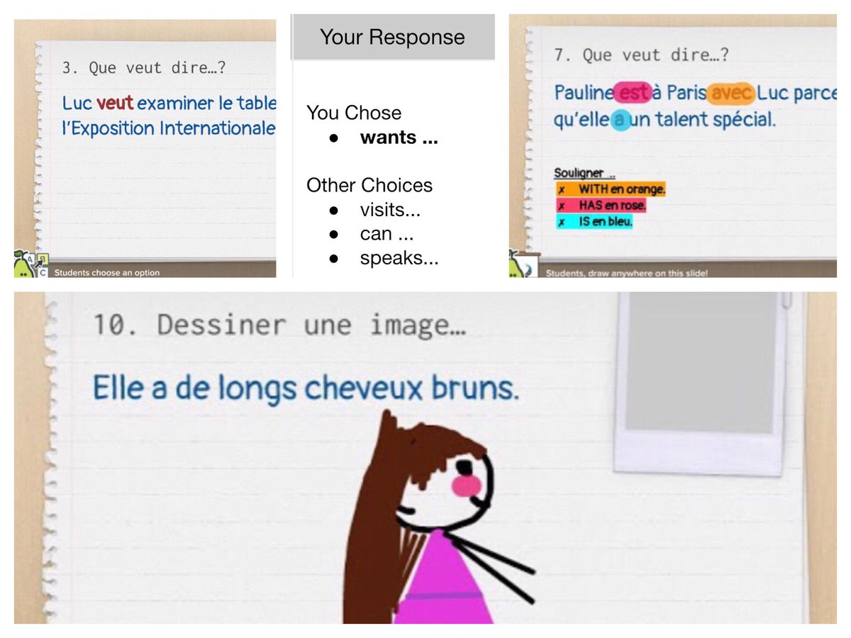 buddyxo's tweet photo. Love seeing how @BullisMS teacher @DemersMarcie uses @PearDeck w/ French 1 students. Perfect mix of interactive question types that not only check for understanding but also allow students to demonstrate their understanding by having fun illustrating! #formativeassessment #edtech https://t.co/SQhesABirO