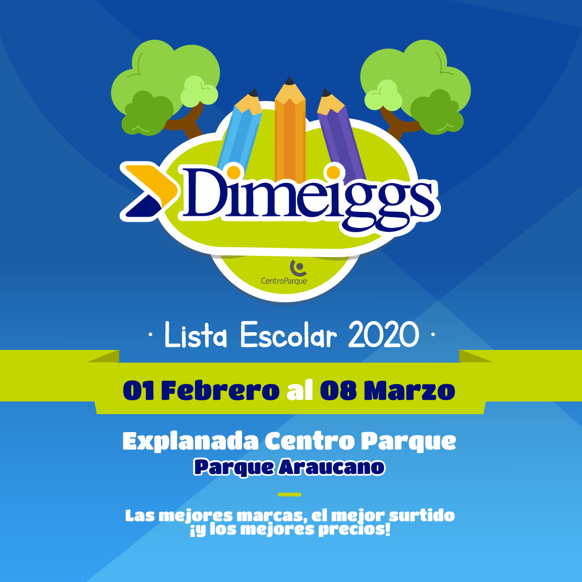Muni_LasCondes's tweet photo. Por segundo año consecutivo, Dimeiggs llega con su venta escolar a la explanada de #CentroParque en el #ParqueAraucano. Abierto entre el 1° de febrero y el 8 de marzo. Tiene un 10% de descuento junto a #ConveniosTarjetaVecino.
Más información en https://t.co/ONIqhAFLUW https://t.co/YwnWNs9poA