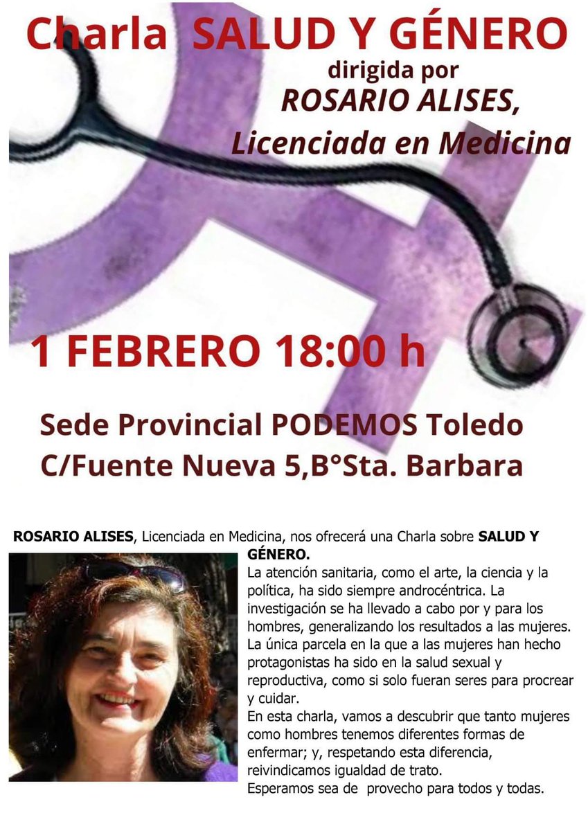 podemosmentrida's tweet photo. Mañana, en la Sede de #Toledo tenemos la posibilidad de escuchar a Rosario Alises. Podremos ver la Salud con otra mirada, desde la perspectiva de género. 

¡No os lo perdáis! 👇 https://t.co/FLSEwETAmS