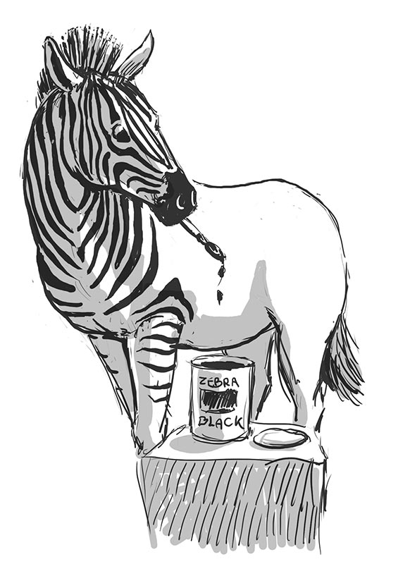 illustration of a zebra painting on its stripes with a paintbrush in its mouth. It's head, neck and front legs are striped, but the rest of the body is white. Can of paint is zebra black. By John Megahan.