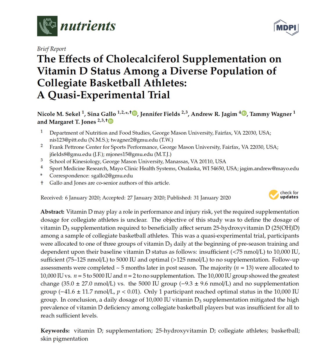 Vitamin D intervention published in Nutrients Special Issue: Sport Nutrition for Athletes @AJagim @Jenfields521 @MasonCHHS @MasonCEHD Thank you @MasonMBB @MasonWBB #VitaminD #athletehealth #InterdisciplinaryResearch