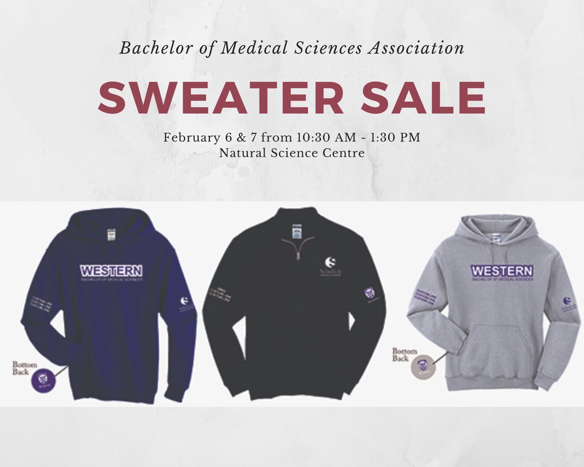 bmsawestern's tweet photo. calling all medsci students: our sweater sales are happening feb 6 and 7 at nat sci! don’t miss out ☺️☺️🙌 https://t.co/gngtjauisU