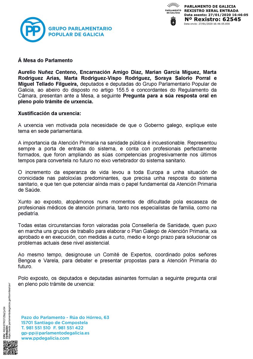 GrupoPopularGal's tweet photo. 🏥📅O balance do grao de desenvolvemento do Plan Galego de Atención Primaria e dos resultados obtidos ata o de agora será obxecto dunha pregunta por parte do voceiro de Sanidade, @AurelioNez  no Pleno da próxima semana no @Par_Gal https://t.co/FcCuUNV0L9