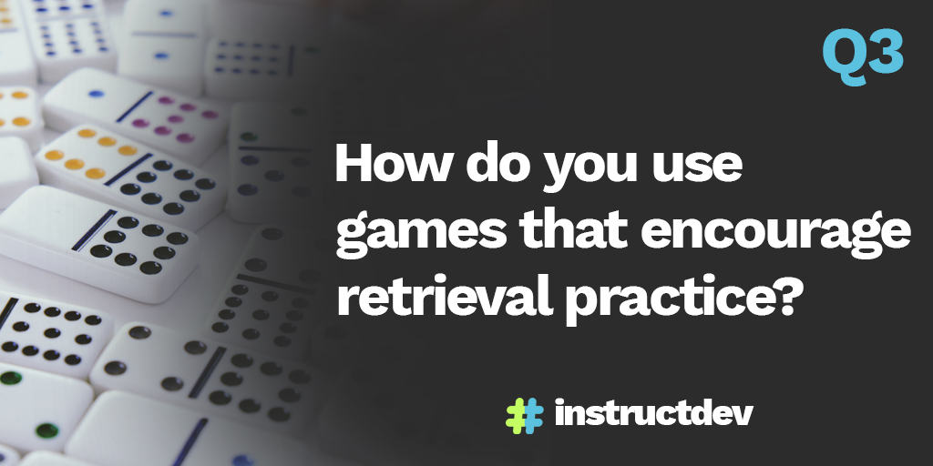 InstructDev's tweet photo. Q3
How do you use games that encourage retrieval practice?
#instructdev #edtech #gamification #LectureBreakers
*Remember to tag @instructdev in your response for RT
https://t.co/C4mTY6ItFi https://t.co/2p46iTD1Jj