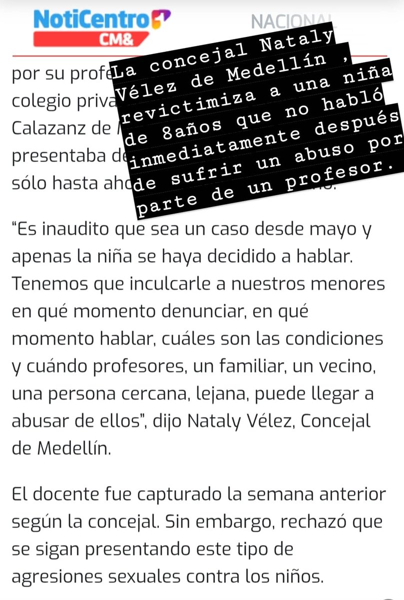 Jennifer Escalante (@jenni_eh) on Twitter photo Es increíble la revictimizacion que sufre una niña de una niña de 8 por no denunciar a su violador inmediatamente. <a href="/NatalyVelezL/">Nataly Vélez</a> no cree que su lenguaje es muy inapropiado??? Es increíble la revictimizacion que sufre una niña de una niña de 8 por no denunciar a su violador inmediatamente. <a href="/NatalyVelezL/">Nataly Vélez</a> no cree que su lenguaje es muy inapropiado???