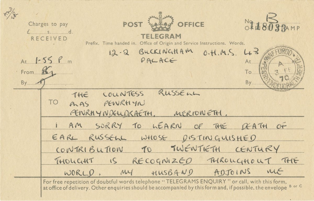 Telegram from HM Queen Elizabeth II to Edith Russell expressing condolences for Bertrand Russell's Death (recto)